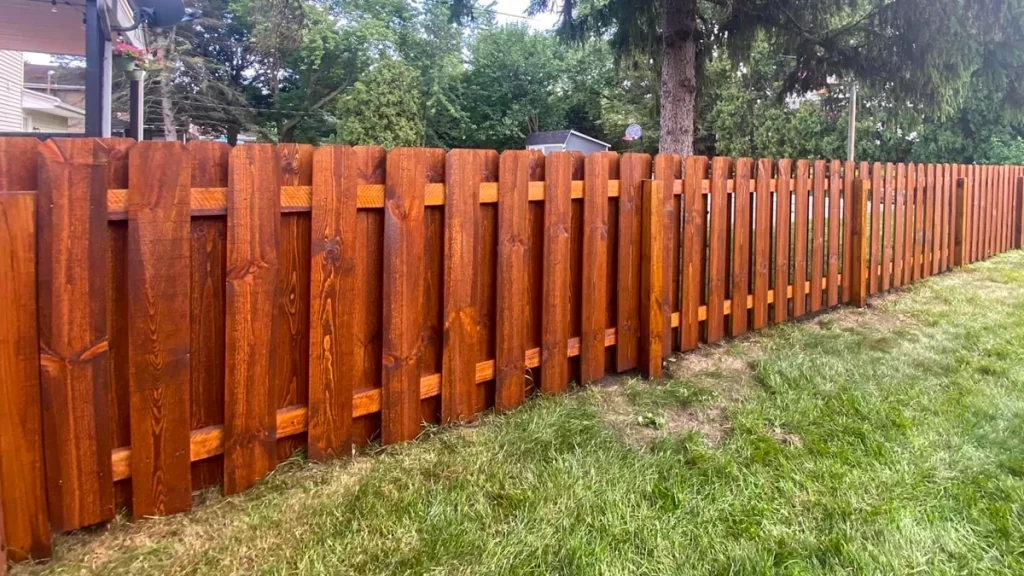 A beautifully stained wooden picket fence enclosing a residential yard, with lush greenery and a large evergreen tree in the background. Consider the maintenance requirements of each material when choosing a fence.