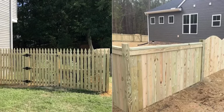 A side-by-side photo depicting the difference between semi-privacy and privacy fences. The left side shows a wood picket semi-privacy fence. The right side shows a wood picket privacy fence. First Step Fence installs privacy or semi-privacy fences for residential and commercial applications in Richmond, VA and the surrounding areas.